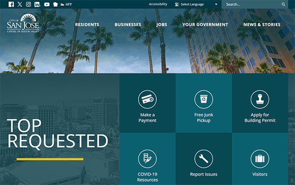 City of San Jose website homepage featuring navigation for residents, businesses, jobs, government, and news. Icons for online services such as payments, permits, and reporting issues are shown.