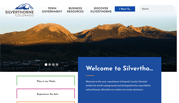 Screenshot of Silverthorne, Colorado's website homepage, featuring an image of mountainous landscape at sunset and navigation links for town government, business resources, and local attractions.