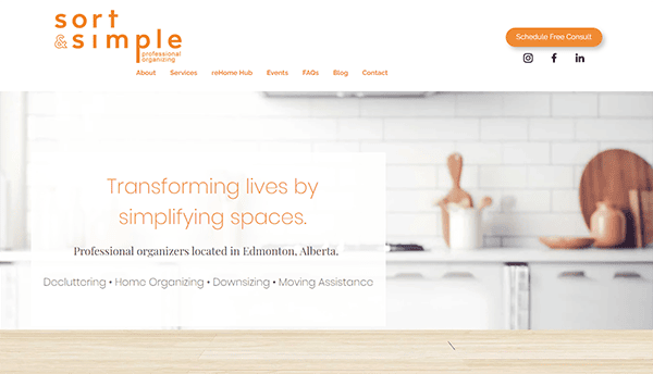 Website of "sort & simple," a professional organizing service in Edmonton, Alberta. Services include decluttering, home organizing, downsizing, and moving assistance. Interface features a clean kitchen background.