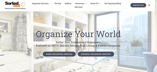 A professional organizing service website featuring home and business organizing options. The page displays a well-organized walk-in closet with clear drawers showcasing jewelry and accessories.