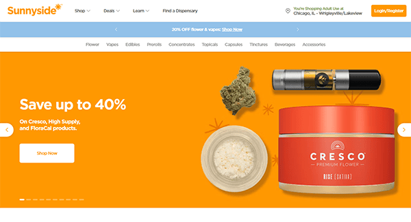 A promotional banner for Cresco, High Supply, and FloraCal products on Sunnyside's website, highlighting discounts up to 40%. The image shows cannabis products including a jar, cannabis bud, and vape pen.