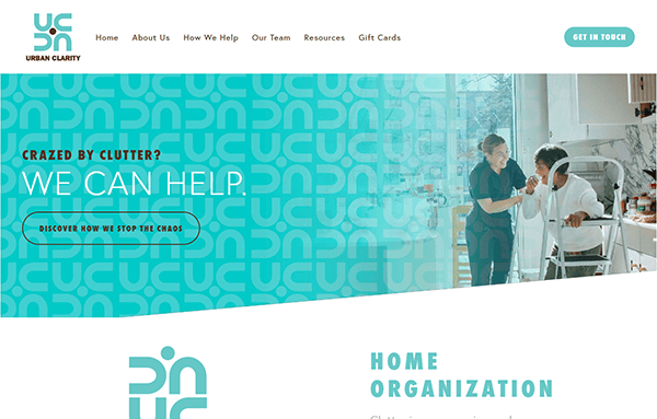 Screenshot of Urban Clarity's homepage offering professional home organization services, featuring a teal and white design and an image of a person helping another person in a cluttered room.