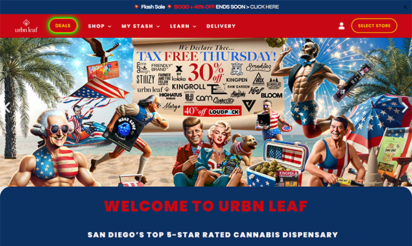 Colorful promotional flyer for Urbn Leaf dispensary showcasing "Tax Free Thursday" with various discounts and festive imagery, including people in patriotic outfits and product logos.