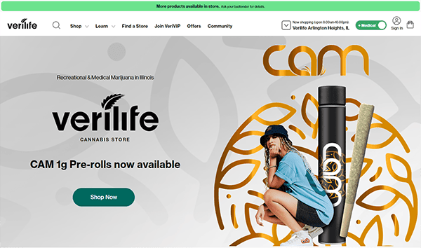 Verilife website homepage featuring CAM 1g pre-rolls now available, a woman in a casual outfit, and cannabis product branding.