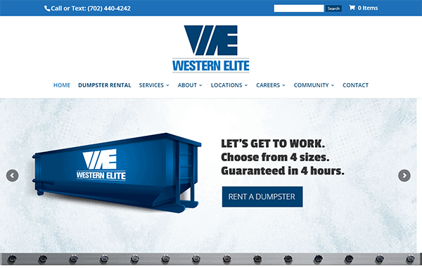 Screenshot of Western Elite's website homepage showcasing dumpster rental services. The banner features a large blue dumpster with the company logo and a call-to-action button labeled "Rent a Dumpster.