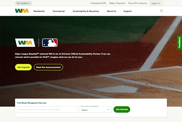 Screenshot of Waste Management's website homepage, featuring a partnership announcement with Major League Baseball as the first-ever Official Sustainability Partner, with links to get inspired and read the announcement.