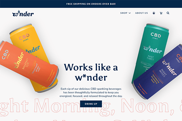 Image of the W*nder beverages website homepage showing three cans of CBD sparkling beverages with the text, "Works like a w*nder," and a "Drink Up" button.