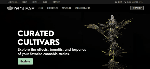 Image showing the ZenLEAF website's landing page with a cannabis plant image. Text reads "Curated Cultivars" with a call to action button labeled "Explore." Header includes menu options and contact information.