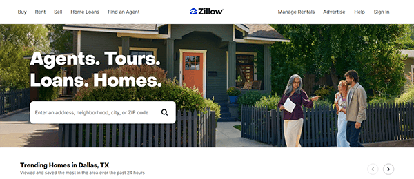 Zillow homepage featuring a woman and two individuals walking by a house. The site offers services for buying, renting, and selling homes and finding agents and loans.