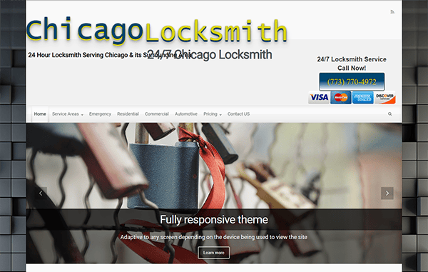 Screenshot of a locksmith website displaying contact information, 24/7 service details, and various service areas. The site shows multiple padlocks and offers a fully responsive design theme.