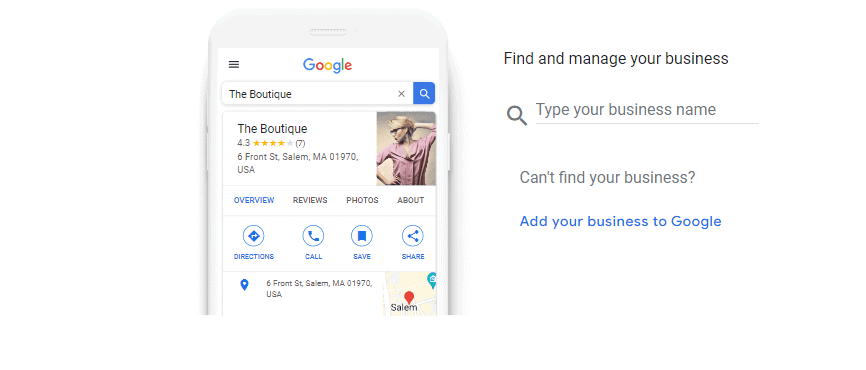 Screenshot of a Google search page on a smartphone displaying details for "The Boutique" with a 4.3-star rating and contact options. On the right, there's a prompt to find, manage, or add a business.