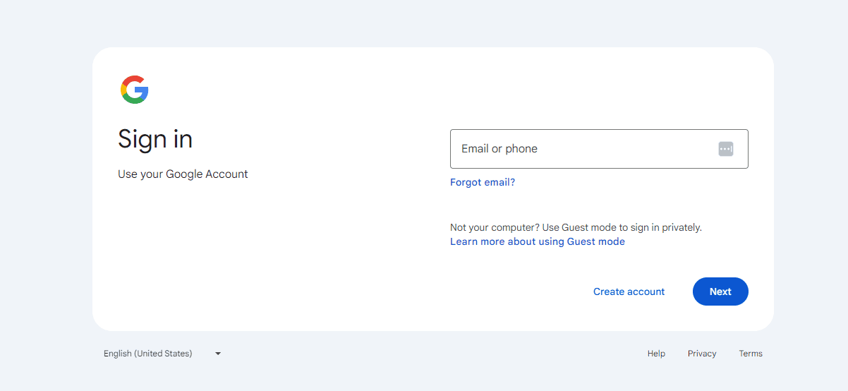 Google sign-in page with fields for email or phone entry, a "Next" button, and links for "Forgot email?" and "Create account." Options for English (United States), Help, Privacy, and Terms are visible at the bottom.