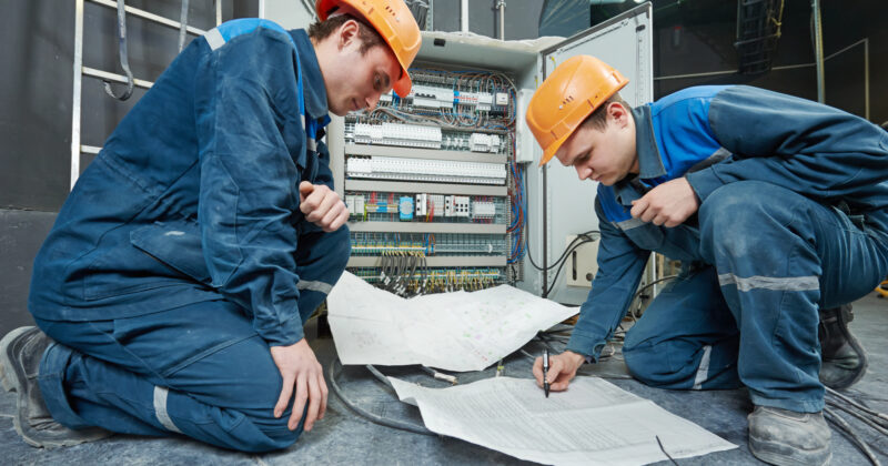 Two workers in blue uniforms and orange helmets are examining documents and an open electrical panel in an industrial setting, showcasing the precision expected from the best industrial electricians.