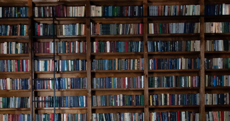 A brown leather couch sits in front of a large wooden bookshelf filled with colorful books, reminiscent of a cozy corner you'd find on library websites. Two small tables with candles and books are placed beside the couch, and a rug is on the floor.