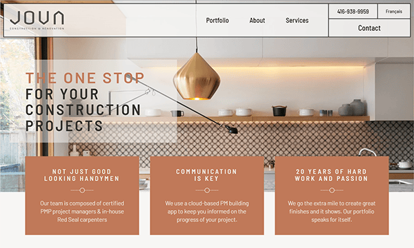 Website homepage of JOVN, a construction and renovation company. The page features a kitchen image, company tagline, and three service benefits: certified professionals, efficient communication, and experience.