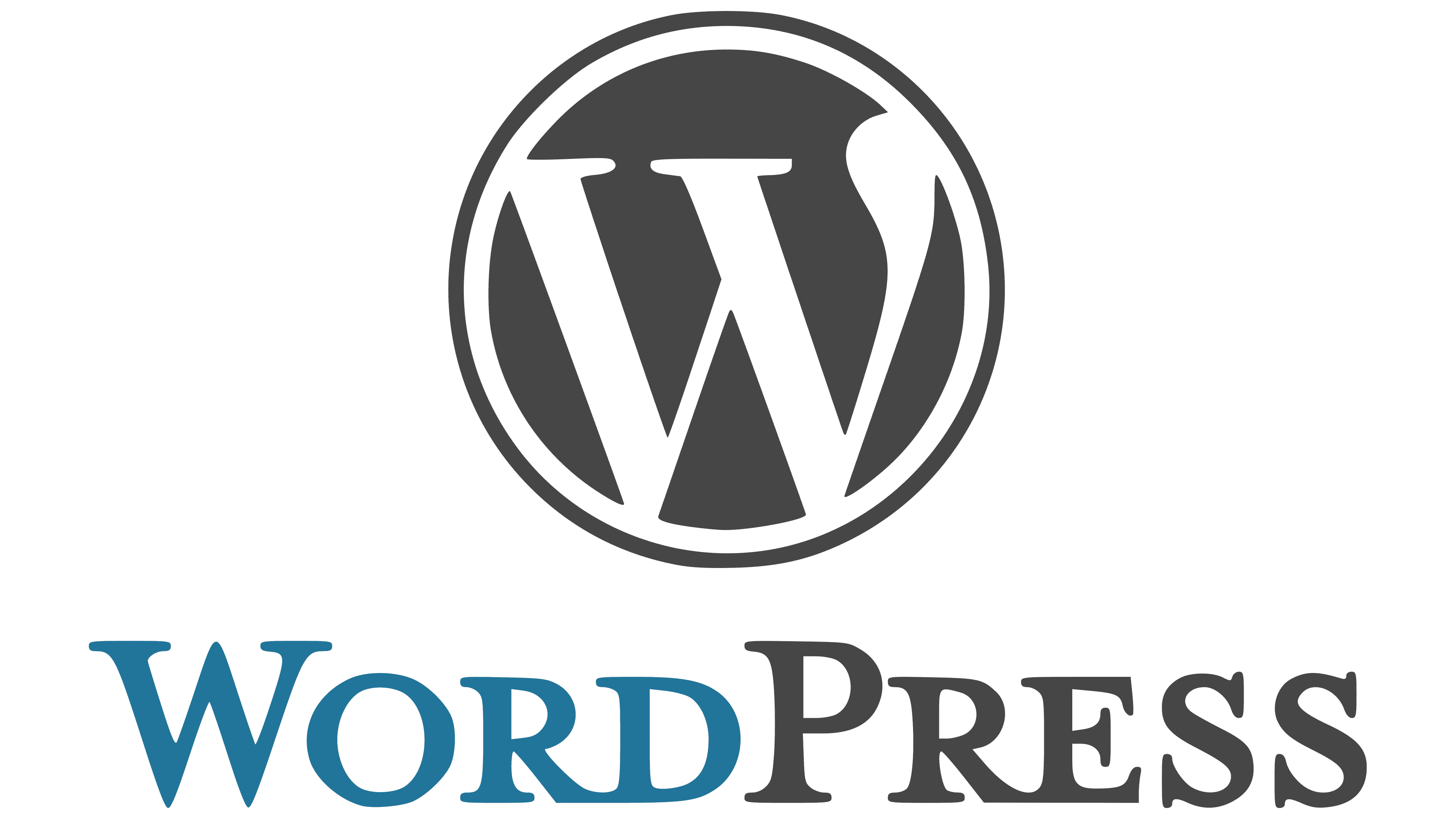 WordPress logo featuring a stylized "W" in a grey circle above the word "WordPress" in black and blue text, representing its robust capabilities for website migration.