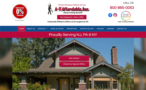 Screenshot of A-1 Affordable, Inc. website showcasing chimney services with a house image, service area (NJ, PA, NY), contact number, and options to get a quote or check special offers.