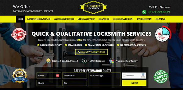 Locksmith service webpage offering 24/7 emergency lockout services. Features include quick response, licensed and bonded lock technicians, contact number, and a free estimation quote form.