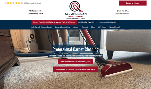 A person using a carpet cleaning machine on a beige carpet. Text on the image promotes All-American Carpet Cleaning services including contact information and a high customer rating.