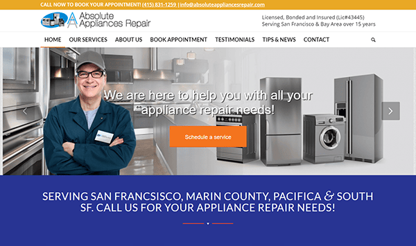 Homepage of "Absolute Appliances Repair" website showing contact details, service areas, and a button to schedule a service. The background features a repair technician and various home appliances.