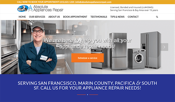 Screenshot of Absolute Appliances Repair homepage showing a technician with a thumbs up, various appliances, and a "Schedule a service" button. Text indicates the service area and contact information.