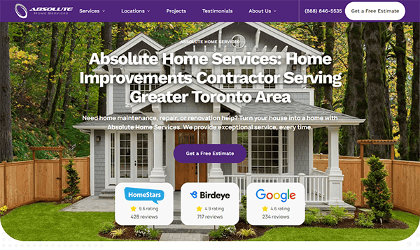 Image of a home services company’s website homepage. The headline states, "Absolute Home Services: Home Improvements Contractor Serving Greater Toronto Area." Various ratings are displayed.