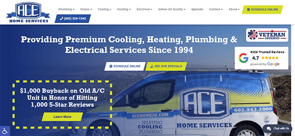 Website screenshot of ACE Home Services highlighting their HVAC and plumbing services, featuring a promotional offer and customer reviews, alongside a company-branded service van.