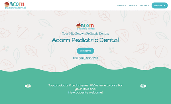 Screenshot of Acorn Pediatric Dental's website homepage featuring its logo, contact number (732-852-9200), a call-to-action button, and a message about providing care for children.