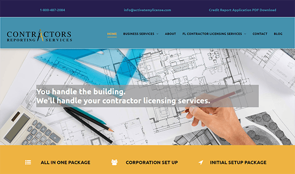 Website homepage showcasing contractor licensing services, with a background of architectural plans and a hand holding a pencil. The header reads, "You handle the building. We'll handle your contractor licensing services.