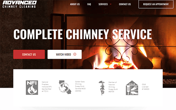 Website homepage for Advanced Chimney Cleaning featuring a lit fireplace, company logo, navigation menu, and a banner reading "Complete Chimney Service" with buttons for "Contact Us" and "Watch Video.