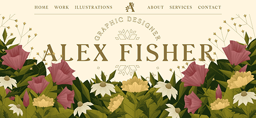 The website homepage of graphic designer Alex Fisher, featuring navigation links and floral illustrations in the foreground.