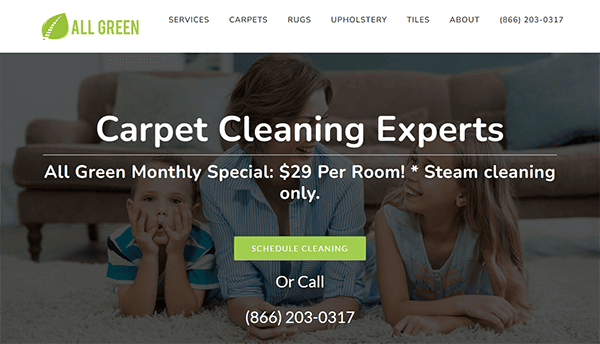 A website for All Green Carpet Cleaning Experts, featuring a $29 monthly special per room for steam cleaning. Includes a "Schedule Cleaning" button and contact number (866) 203-0317.