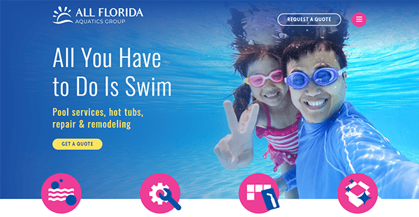 A man and child wearing goggles smile underwater, with text promoting "All Florida Aquatics Group" pool services, hot tubs, repair, and remodeling. Icons at the bottom represent various services offered.