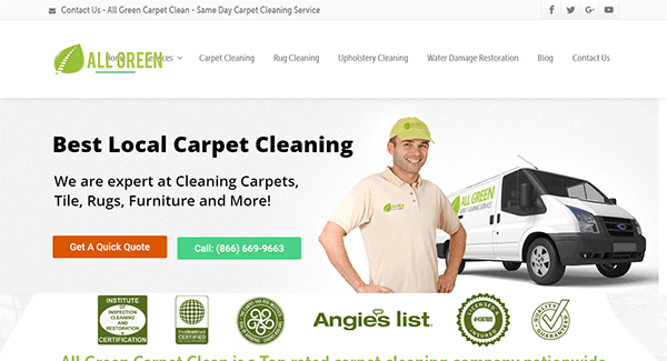 All Green Carpet Clean's website with a person in a uniform standing next to a branded van, offering carpet, tile, and rug cleaning services. Call to action buttons and certifications are visible.