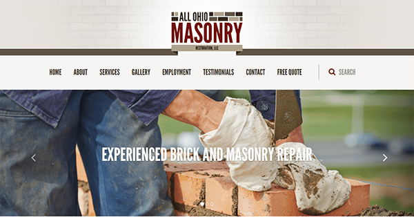 Screenshot of a website homepage for "All Ohio Masonry Restoration LLC," showcasing experienced brick and masonry repair with navigation options like About, Services, Gallery, and Contact.