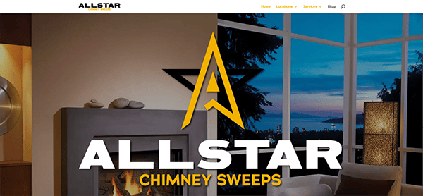 Image of the Allstar Chimney Sweeps website header featuring their logo and name. The background shows a cozy fireplace on the left and a scenic window view on the right. Navigation links are visible at the top.