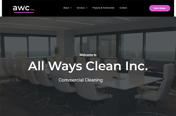 Website homepage of All Ways Clean Inc., a commercial cleaning company, featuring an image of a modern conference room with white chairs and large windows.