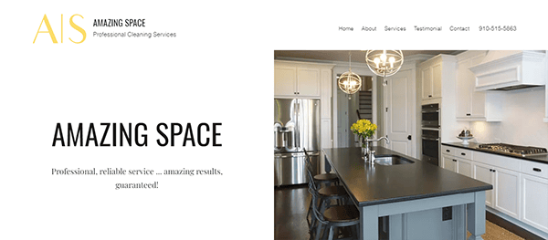 Website of Amazing Space Professional Cleaning Services, displaying a modern kitchen and offering services information, testimonials, and contact details.