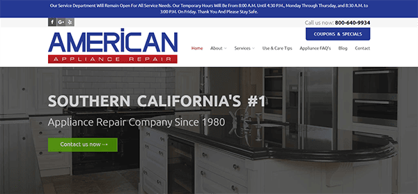 Website header for "American Appliance Repair" featuring the tagline "Southern California's #1 Appliance Repair Company Since 1980" with contact information, a kitchen image, and a section to obtain coupons and specials.