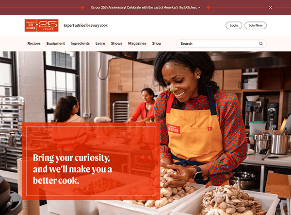 A woman in an orange apron cuts mushrooms on a kitchen counter. The text reads, "Bring your curiosity, and we'll make you a better cook.