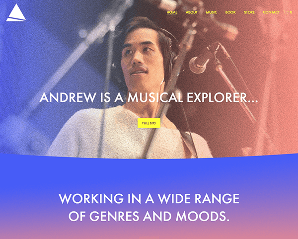 A person with headphones stands in front of a microphone. Text overlay reads, "Andrew is a musical explorer... working in a wide range of genres and moods.