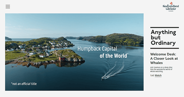 Aerial view of a coastal town with the text "Humpback Capital of the World" and "Anything but Ordinary." A boat is seen leaving a white trail in the water.