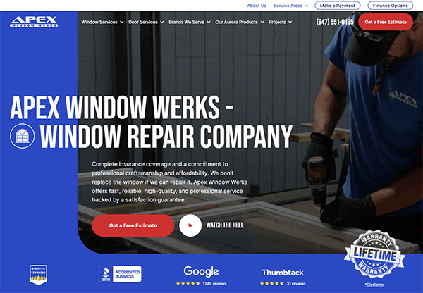 Screenshot of the Apex Window Werks website featuring a worker repairing a window. Key elements include contact information, a prompt to get a free estimate, and badges for Google, Thumbtack, and Better Business Bureau ratings.