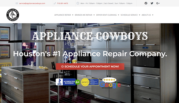 Website homepage of Appliance Cowboys showcasing kitchen appliances and promoting their appliance repair services with a call-to-action to schedule an appointment. Various service awards are displayed at the bottom.