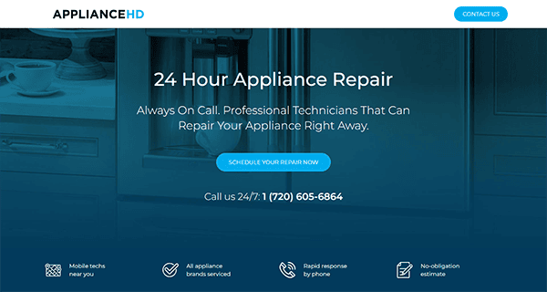 A screenshot of an appliance repair service website offering 24-hour repair with professional technicians. Includes contact info, features like mobile techs, repair by phone, and no-obligation estimates.