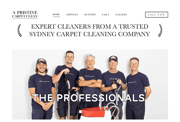 Group of five professional cleaners in blue uniforms posing with cleaning equipment under a banner that reads "Expert Cleaners from a Trusted Sydney Carpet Cleaning Company.