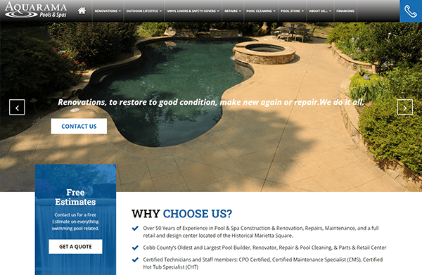 An advertisement for Aquarama Pools & Spas showing a clean, clear pool with surrounding patio area. The text highlights services including pool construction, renovation, and repair, with a "Contact Us" button.