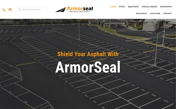 Screenshot of the ArmorSeal website homepage featuring an aerial view of a newly sealed parking lot with the text "Shield Your Asphalt With ArmorSeal" displayed prominently.