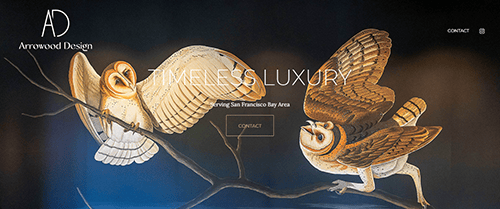 An image on the Arrowood Design website shows two intricately illustrated owls on branches. Text overlay reads "Timeless Luxury," "Serving San Francisco Bay Area," and includes a "Contact" button.