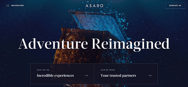 Website homepage with the text "Adventure Reimagined." Features options: "Incredible experiences" and "Your trusted travel agency partners." Dark theme with nav and contact buttons, showcasing one of the best travel agency websites.